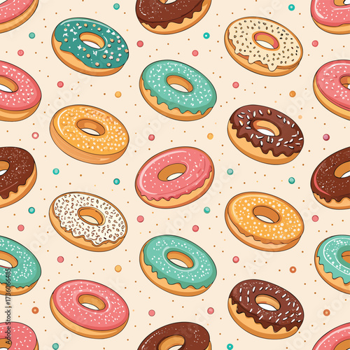 Seamless pattern with colorful cartoon donuts cute donuts with glaze and sprinkles vector illustration