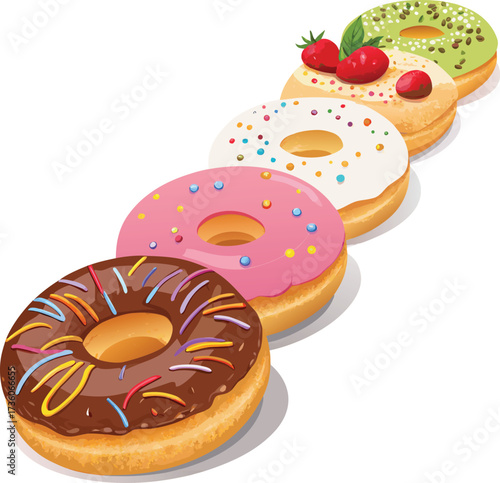 Row of five assorted donuts with colorful toppings and flavors, perfect for a sweet treat or a colorful dessert