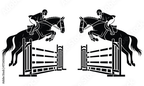 Two Equestrian Show Jumping Silhouettes Jumping Over Hurdles horse rider