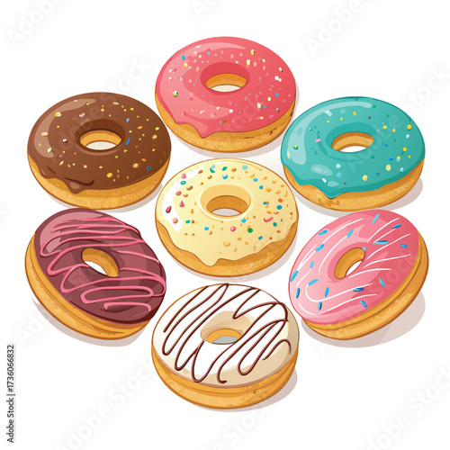A tempting array of seven colorful donuts, , each with a unique glaze and topping, creating a delightful and irresistible sweet treat