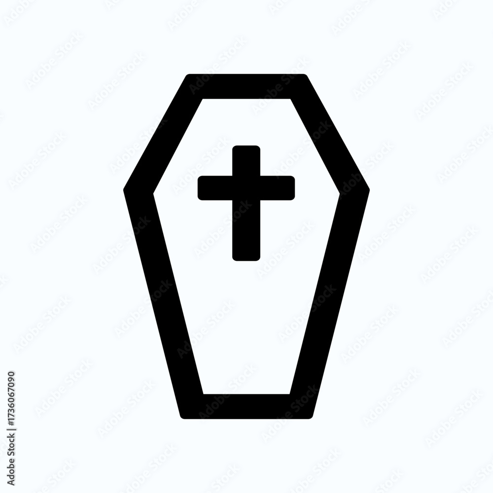 Obraz premium Outlined Coffin Icon with Christian Cross on a White Background