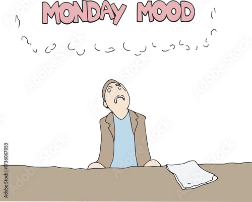 "Monday Mood" Funny Cartoon Man at Office Desk Vector