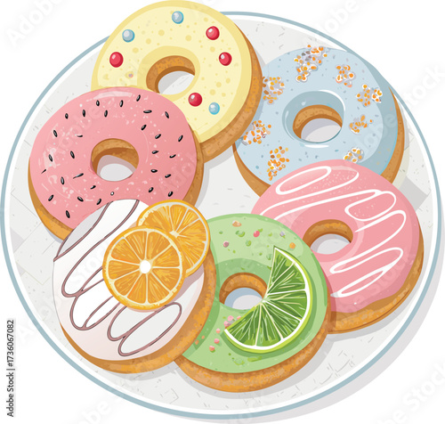 A delightful plate of assorted donuts, , each uniquely decorated with colorful toppings and glazes, offering a sweet and tempting treat