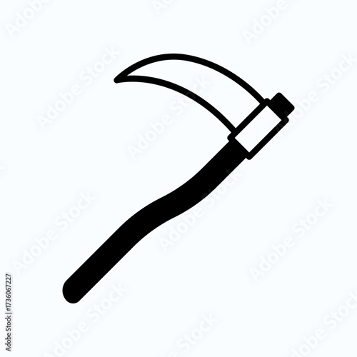 Black Line Illustration of Scythe Agricultural Tool on White Background