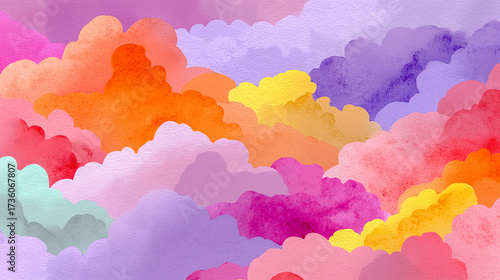 Colorful watercolor illustration of fluffy clouds in shades of pink, purple, and orange, creating a dreamy sky atmosphere with soft gradients and vibrant hues