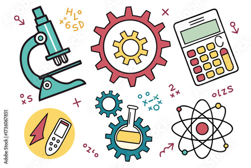 A colorful illustration depicting various scientific and mathematical elements, including a microscope, gears, a calculator, and an atomic model.