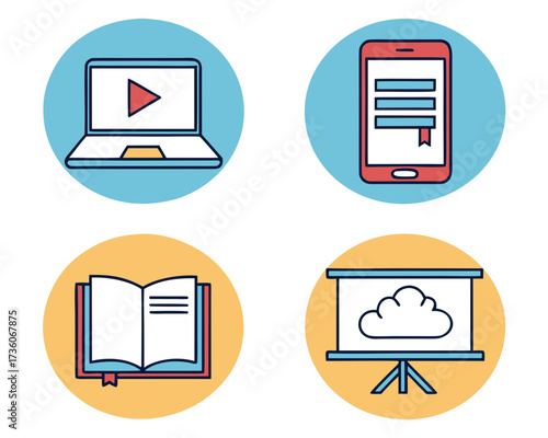 Collection of four colorful icons representing digital learning and educational resources for online courses.