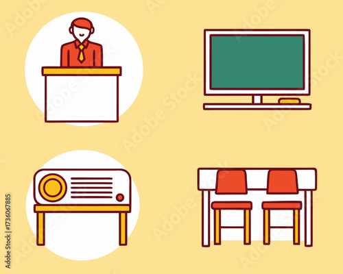 Classroom icons: speaker, screen, projector, and chairs on a yellow background.