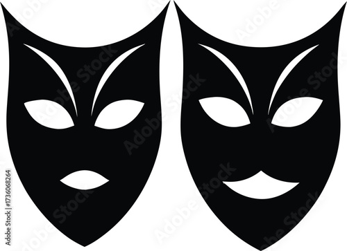 Comedy and tragedy theater masks vector icon,  Theater drama masks silhouette vector set, comedy and tragedy faces, Dramatic theater masks silhouette, performing arts symbol.