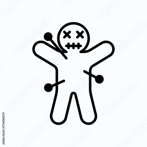 Minimalist Voodoo Doll Illustration With Pins in Simple Black Line Style