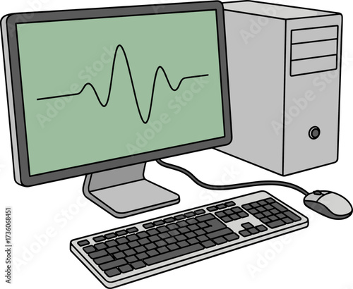 computer monitor with waveform, keyboard, mouse clip art preview