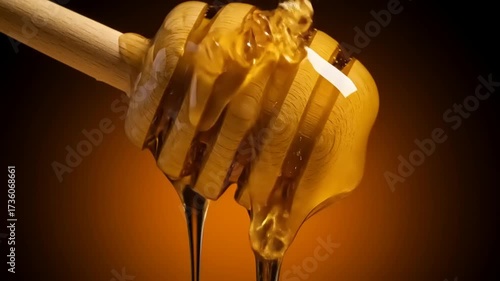 Close-up of honey dripping from a wooden dipper against a warm, glowing background