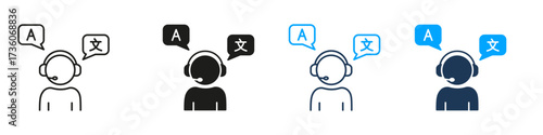 Multilingual Customer Support Agent Line And Solid Icon Set. Language Translation And Communication Assistance Symbol Collection. Call Center And Global Interaction. Isolated Vector Illustration