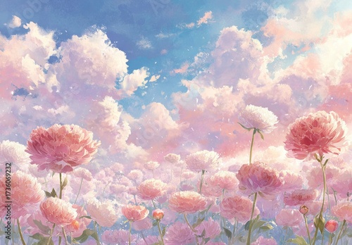 A field of delicate, pastel-colored peonies, rising against a sky of soft clouds and light, creating a serene and dreamy aesthetic.