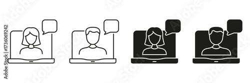Video Call Participants Line And Solid Icon Set. Virtual Meeting, Online Communication, And Remote Work Symbol Collection. Digital Interaction And Teleconference. Isolated Vector Illustration