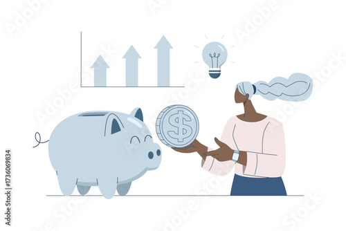 Woman with coin and piggy bank, Financial savings and investment growth, Flat vector illustration.