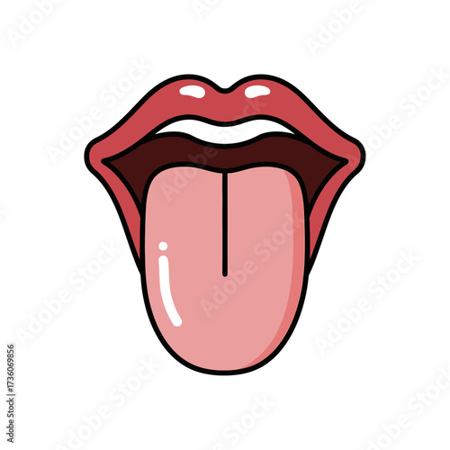 Cartoon illustration of open mouth with protruding tongue on white background
