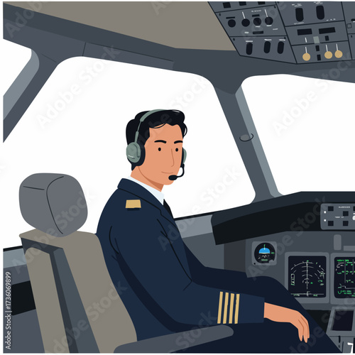 Flat Style Detailed Pilot Inside Cockpit Illustration For Aviation Industry