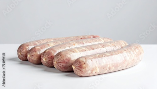 Five Raw Sausages Neatly Arranged on White Background Highlighting Fresh Meat with Natural Casing and Light Reflecting on Smooth Surfaces