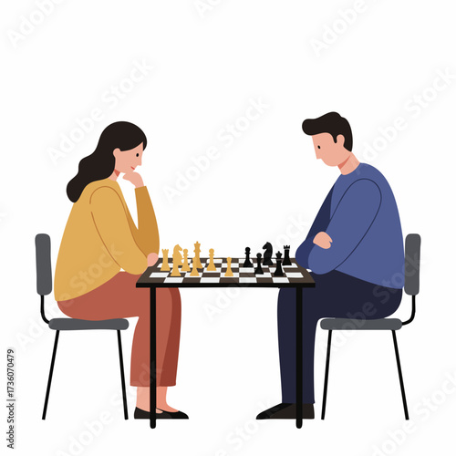 Flat Illustration Couple Playing Chess Concentration Strategy Game Competition