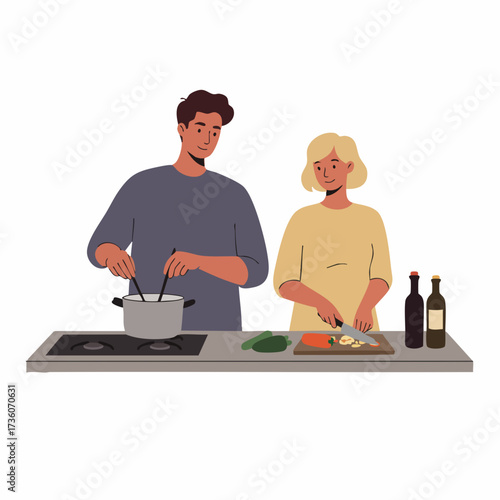 Flat Illustration Young Couple Cooking Together at Kitchen Lifestyle Scene