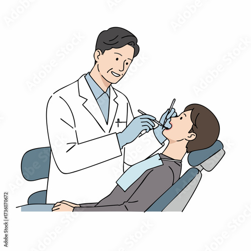 Flat Style Detailed Dentist Examining Patient's Teeth in Clinic Illustration
