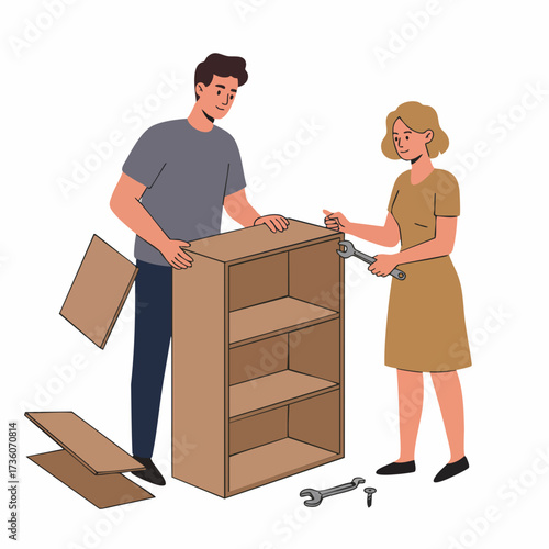 Flat Style Couple Assembling Furniture Bookcase Together At Home Illustration