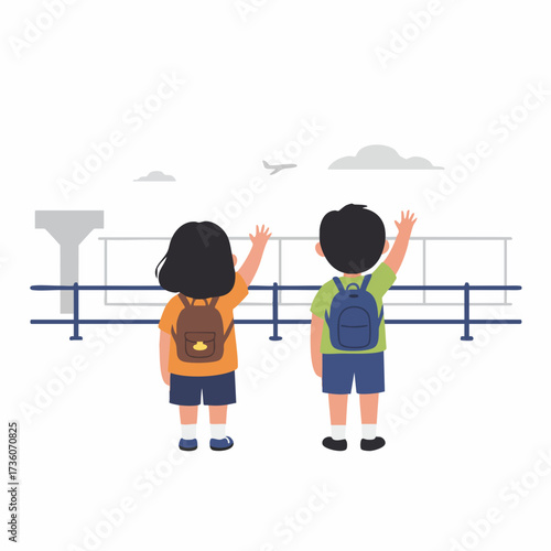 Flat Illustration Two Children Waving at Airplane on Airport Terminal