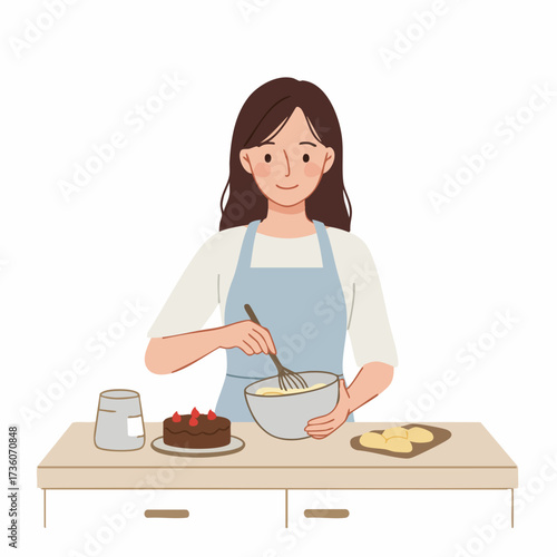 Cute Cartoon Woman Mixing Ingredients for Baking Cake Illustration