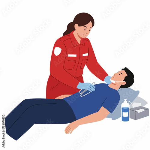 Flat Illustration Female Paramedic Providing Medical Assistance to Patient Emergency