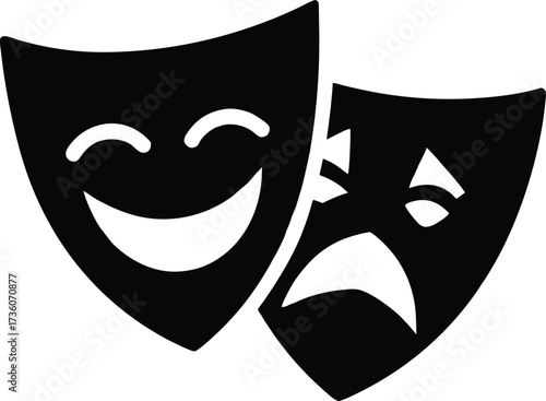Comedy and tragedy theater masks vector icon,  Theater drama masks silhouette vector set, comedy and tragedy faces, Dramatic theater masks silhouette, performing arts symbol.