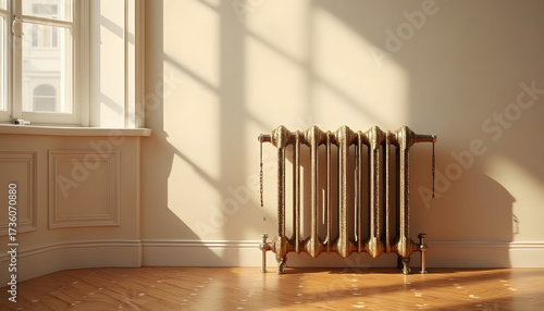 Vintage radiator casting shadows in a sunlit empty room  