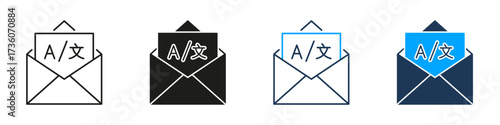 Translation Email Line And Solid Icon Set. Envelope With Multilingual Document Symbol Collection For Language Services, Global Messaging, Cross-Border Communication. Isolated Vector Illustration