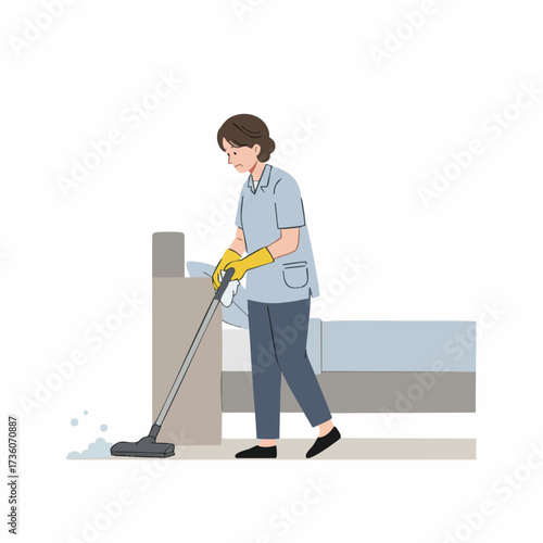 Flat Illustration of a Woman Cleaning Floor with Vacuum Cleaner at Home