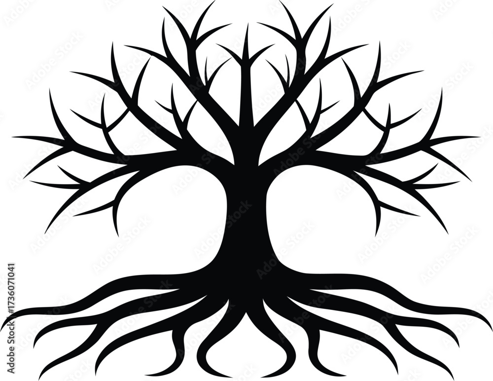 Obraz premium Tree with Roots Silhouette Vector Illustration. Black Silhouette of Tree with Visible Root System