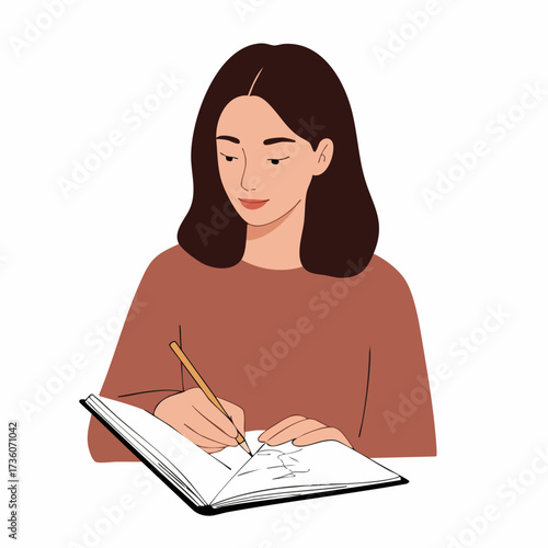 Minimalist Line Art Woman Writing in a Notebook Illustration