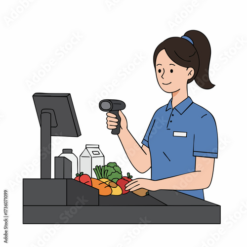 Simple Line Illustration Supermarket Cashier Scanning Groceries at Checkout Counter