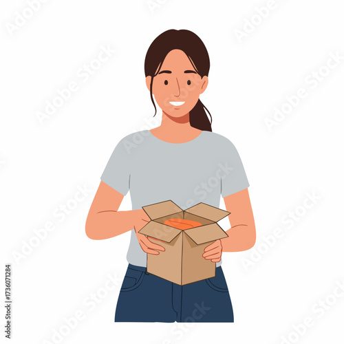 Flat Illustration of Woman Holding Cardboard Box Package Delivery