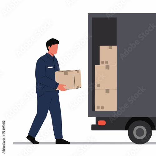 Flat Style Delivery Man Carrying Cardboard Boxes Into Moving Truck