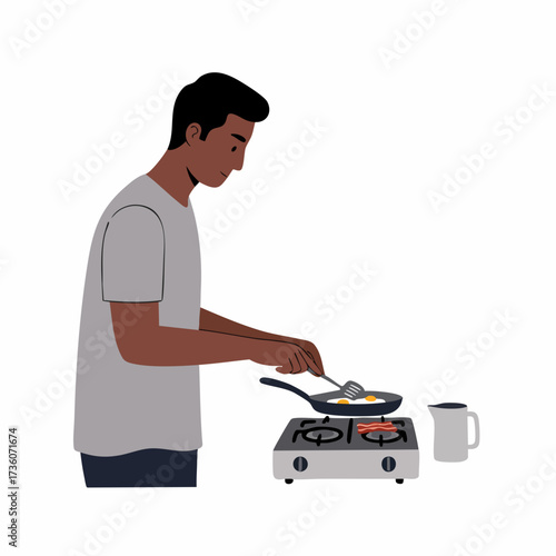 Flat Illustration Man Preparing Scrambled Eggs Breakfast at Home Kitchen