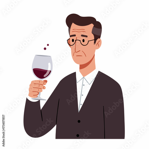 Cartoon Style Elderly Man Tasting Red Wine Sommelier Illustration