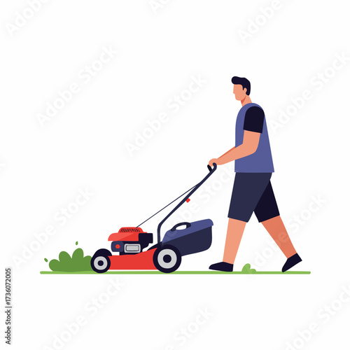 Flat Style Detailed Man Mowing the Lawn Springtime Outdoor Activity Illustration