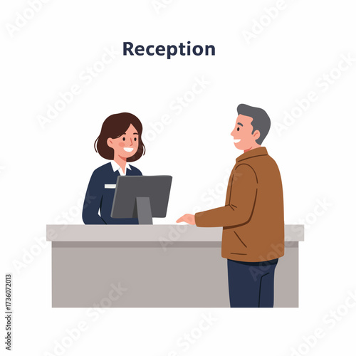 Flat Style Professional Hotel Reception Scene with Guest and Staff Illustration