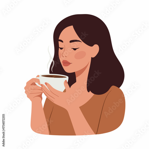 Modern Flat Illustration of Young Woman Enjoying a Cup of Coffee