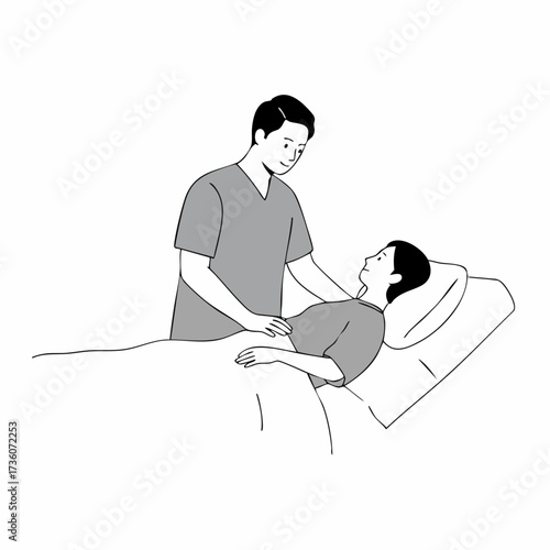 Line Art Caregiver Checking Pulse of Patient Illustration in Hospital