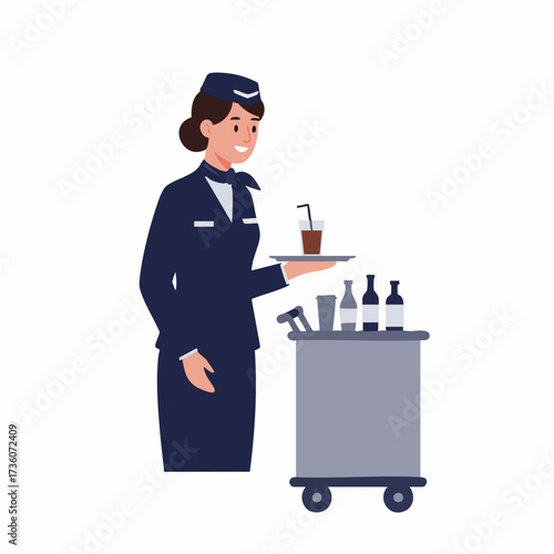 Flat Style Smiling Stewardess with Beverage Trolley Illustration Graphic Design