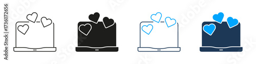 Laptop With Hearts Line And Solid Icon Set. Online Dating, Virtual Love, And Digital Romance Symbol Collection. Technology And Relationship Concept. Isolated Vector Illustration