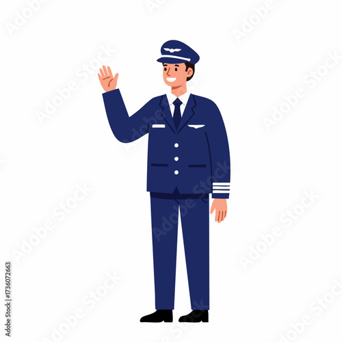 Cartoon Flat Illustration Smiling Male Pilot Waving Hand Profession