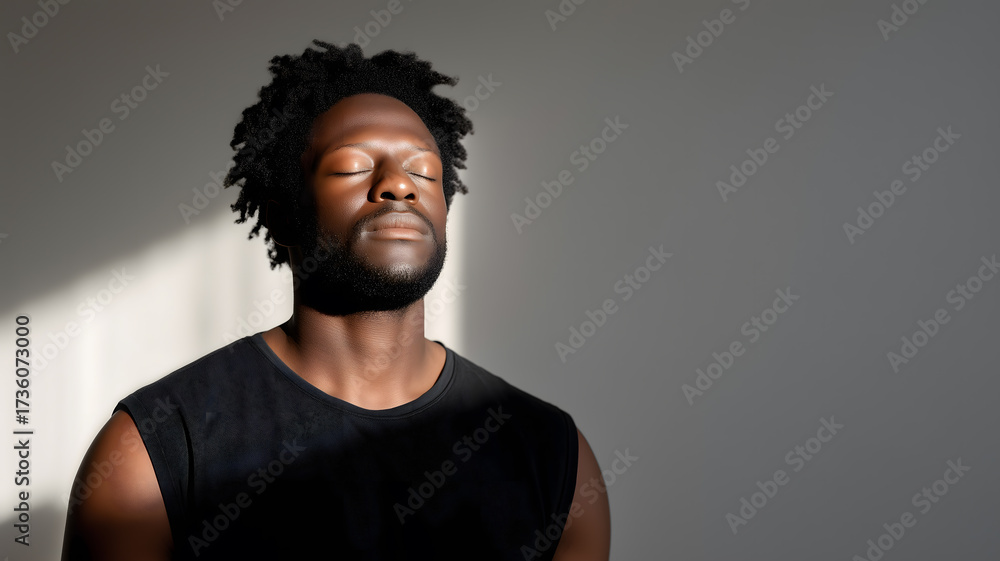 Obraz premium Man with eyes closed enjoying sunlight in peaceful moment of relaxation