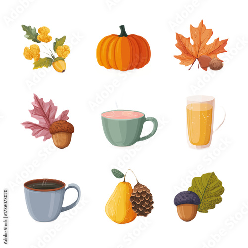 Set of 9 flat vector autumn icons. Colorful fall leaves, pumpkins, acorns and warm drinks in minimal flat style isolated on white